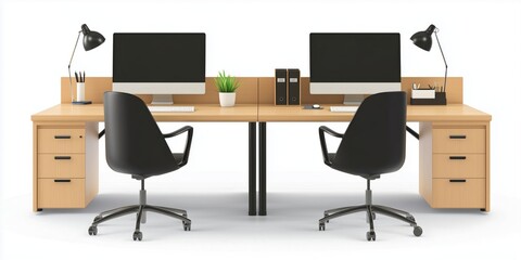 Modern office workspace with dual desks, computers, and stylish chairs
