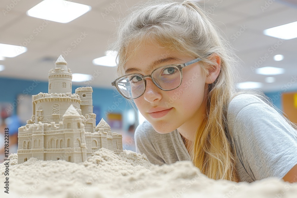 Poster young girl proudly displaying an intricate sandcastle in an indoor setting during a creative worksho