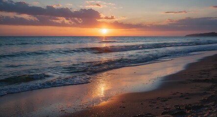 Tranquil Beach Scene at Sunset with Gentle Waves and Reflective Sand Under Vibrant Skies