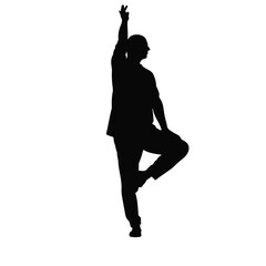 Elderly male practicing yoga tree pose, black and white silhouette