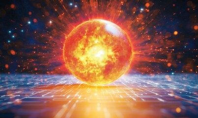 Obraz premium A vibrant sun radiating energy above a digital landscape, symbolizing innovation and technology