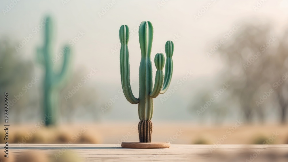 Poster isolated cactus on a wooden surface with blurred background and empty space for copy in a soft natur