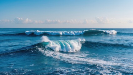 Fototapeta premium Serene Blue Ocean Waves Under Clear Sky Capturing Tranquility and Natural Beauty in Coastal Landscape