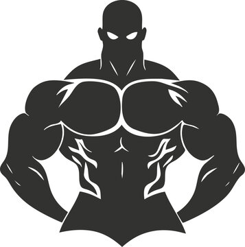 Bold silhouette of a muscular figure with prominent chest and arms.