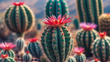 Vibrant Cactus Landscape Featuring Blooming Spinystar with Room for Text Overlay