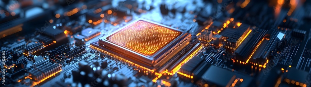 Fototapete Intricate Microchip Circuit Board   Close up View of Futuristic High Tech Electronics Computer Hardware Components and Precision Micro Engineering Technology