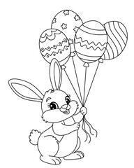 Cute little bunny holding balloons in Easter egg shape with different patterns. Black and white vector illustration for coloring book