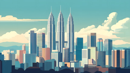 Vibrant city skyline with modern skyscrapers, sunny sky and clouds, ideal for urban lifestyle themes and promotional content.
