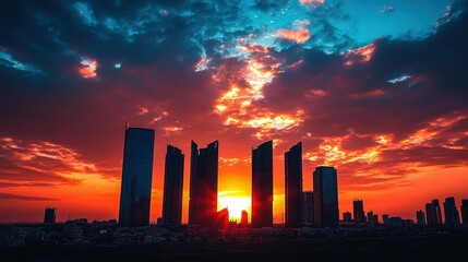 Stunning Sunset Over Urban Skyline with Colorful Clouds and Buildings