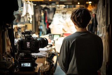 Cameraman prepares to film in a bustling market setting during the afternoon