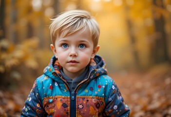 Fototapeta premium Curious little boy with bright eyes, wearing a colorful jacket, playing in an autumn forest. 