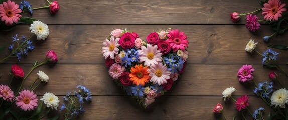 Heart-Shaped Floral Arrangement on Rustic Wooden Background with Space for Text or Messaging