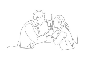 Male doctor examining female patient's eyes. Visiting eye doctors concept one-line drawing
