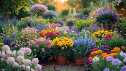 Obraz premium Vibrant Colorful Flower Garden in Bloom During Sunny Season with Lush Greenery and Wooden Pathway