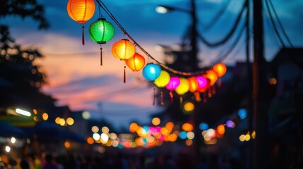 Colorful lanterns illuminate a twilight scene, creating a festive atmosphere on a lively street adorned with vibrant hues against a dusky sky.