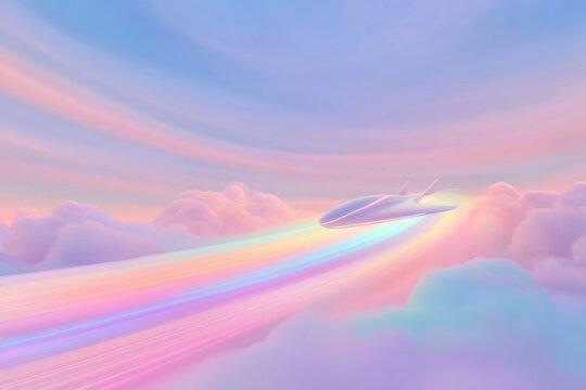 Dreamy clouds in pastel hues, illuminated by radiant rainbow bea