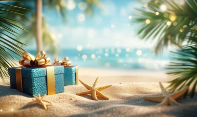 Colorful gift boxes on sandy beach with ocean view and tropical decorations
