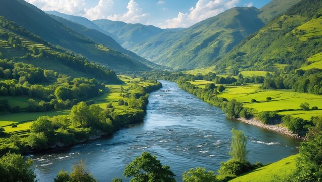Serene River Flowing Through Lush Green Valley Surrounded By Majestic Mountains And Clear Blue Sky Under Bright Daylight