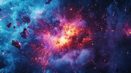 Cosmic Explosion in Vibrant Colors and Fiery Nebula Clouds