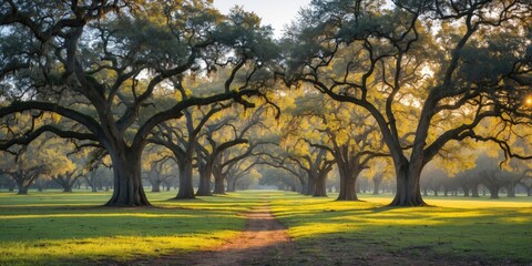 Enchanting Live Oak Tree Canopy with Sunlight Filling a Serene Pathway in Springtime Atmosphere and Ample Space for Text Overlay
