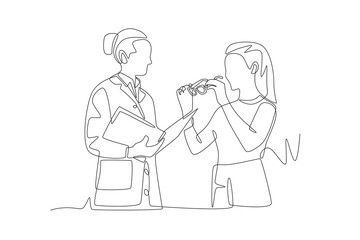 Young female patient picks up prescription glasses. Visiting eye doctors concept one-line drawing