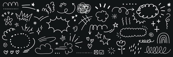 Chalk doodles on blackboard: swirls, clouds, stars, hearts. Playful chalk doodles, swirls, stars, clouds. Fun chalkboard doodles: hearts, stars, swirls, clouds. White doodle elements, vector set.
