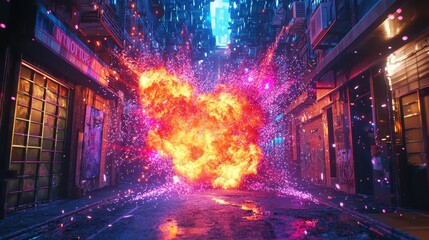 Dramatic Explosion in Urban Alleyway with Colorful Light Effects