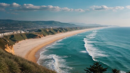 Scenic Coastal View with Gentle Waves and Rolling Hills Under a Clear Sky