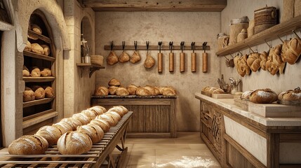Fototapeta premium An artisan bakery with loaves of freshly baked bread cooling on wooden racks