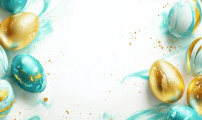 Colorful Easter eggs with gold accents and turquoise swirls on white background
