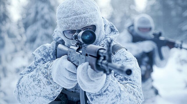 Russian Spetsnaz Arctic Snipers in Winter Camo, Tactical AK-12 Rifles, Snowy Warfare Scene