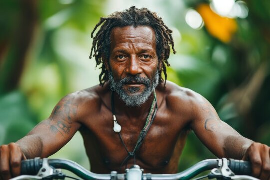 Man with long hair riding a bicycle through lush greenery in a tropical environment