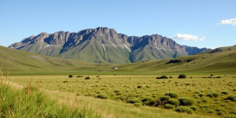 Fototapeta premium Majestic Rocky Mountains Surrounded By Lush Green Grasslands Under Clear Blue Sky In Summer Landscape.