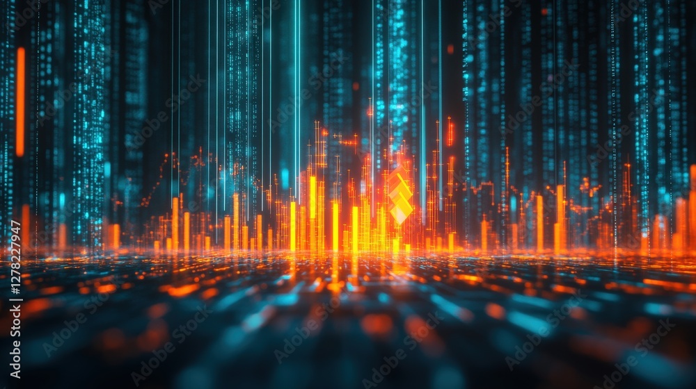 Poster futuristic digital landscape with glowing data streams and vibrant visualizations in a tech setting