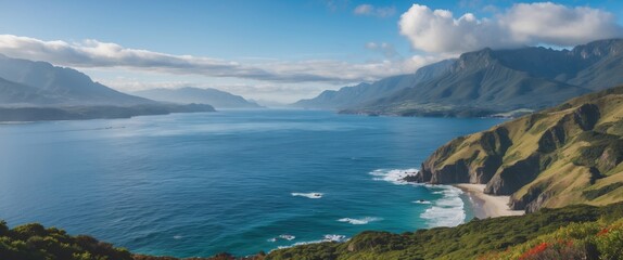 Stunning Ocean and Mountain Landscape with Lush Green Hills and Calm Waters under a Clear Blue Sky