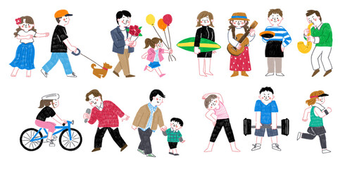 生活を楽しむ幸せな人々のイラストセット