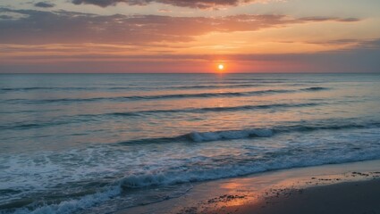 Fototapeta premium Serene sunset over calm seascape with gentle waves and ample space for text and branding in a tranquil coastal setting.