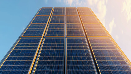 Obraz premium Solar panels on tall building reflecting sunlight in clear sky