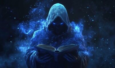 Mysterious figure in hooded cloak reading glowing book surrounded by cosmic energy