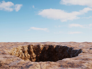 Obraz premium deep hole in rocky terrain under clear blue sky, showcasing natural erosion