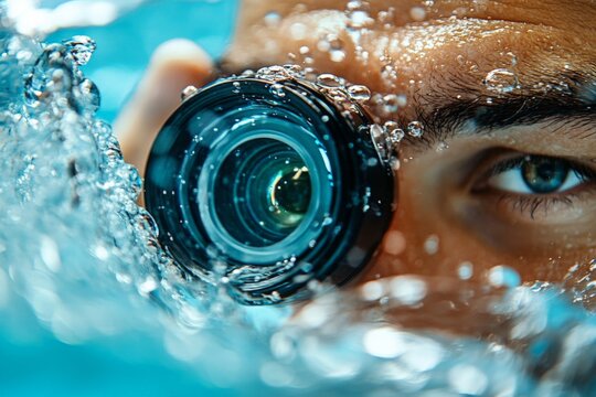 Close-up of a person's eye peering through a camera lens submerged underwater