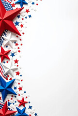 Fototapeta premium Frame decorated with red and blue stars and ribbons. White background.