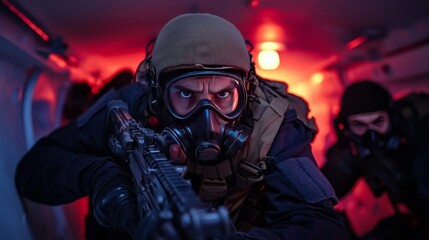 Fototapeta premium Alpha Group Operator in Black Tactical Gear, Armed and Alert in Gas Mask Inside Underground Bunker with Red Lights
