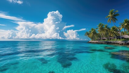 Fototapeta premium Tranquil Tropical Ocean Scene with Clear Blue Water and Lush Palm Trees Under a Bright Sky Perfect for Travel and Vacation Themes