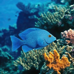 Vibrant Blue Fish Swimming Near Coral Reef