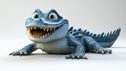 Fototapeta premium A stunning 3D render captures the intricate details of a vibrant blue crocodile. Its long, pointed snout and razor-sharp teeth are captivatingly visible as its mouth gapes slightly, showcasing the men