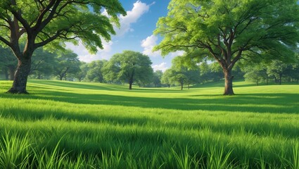 Obraz premium Lush Green Landscape Under Blue Sky with Vibrant Grass and Majestic Trees in Serene Natural Setting