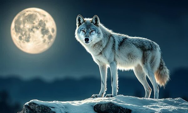 Majestic wolf howls under full moon, snowy peak