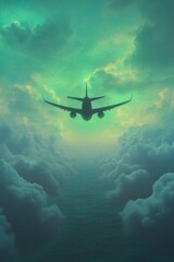 Naklejka premium Airplane soaring through vibrant clouds, illuminated by ethereal