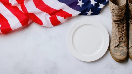 Fototapeta premium Solemn Reflection: Memorial Day Flat Lay with Empty Plate, Military Boots, and Flag